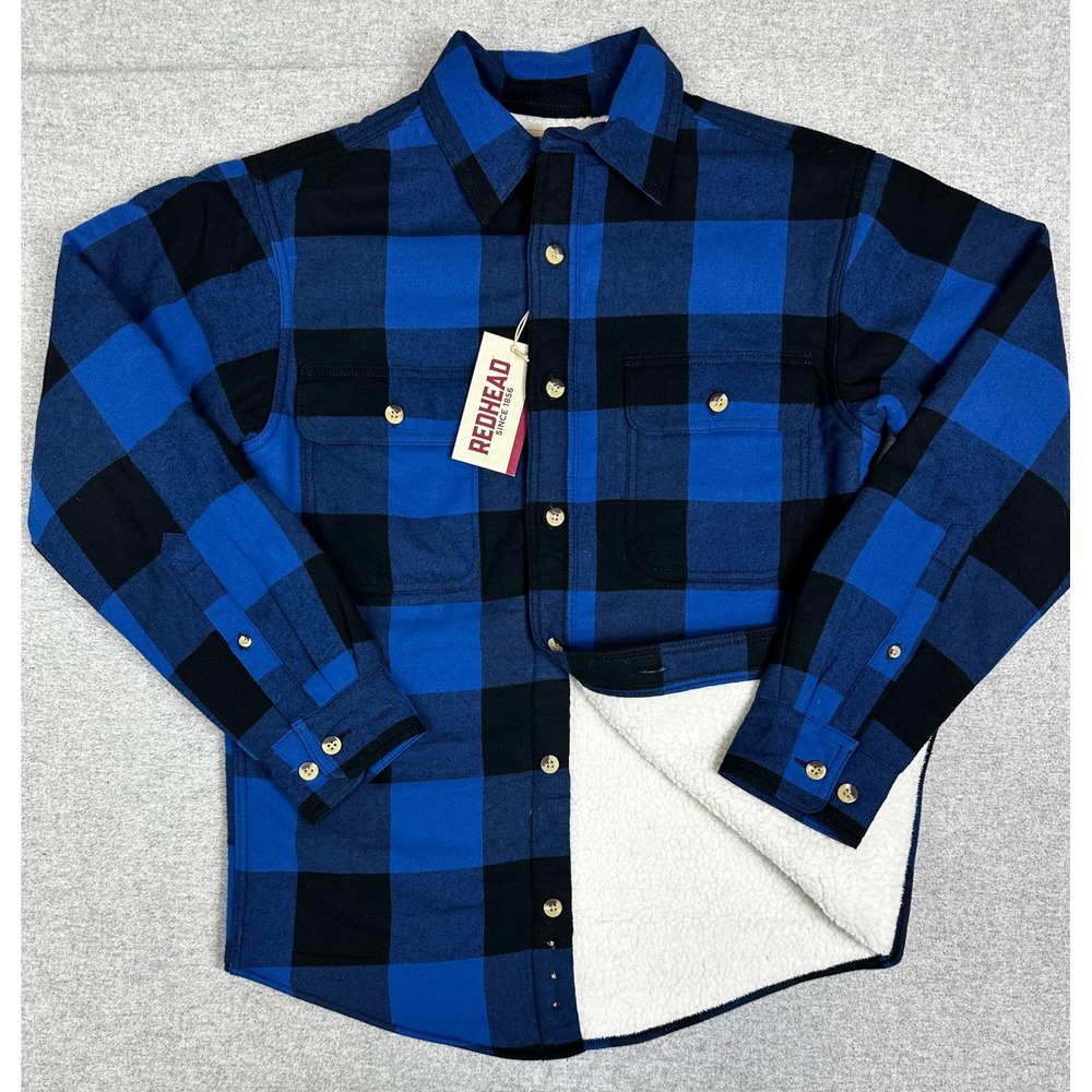NWT Redhead Sherpa Lined Flannel Mens Blue Buffalo Plaid Shacket